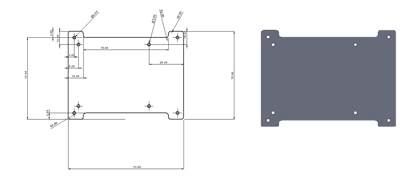Engineering drawing and 3D render of the custom mounting plate that carries the Pixhawk and Raspberry Pi 4 on the airframe.